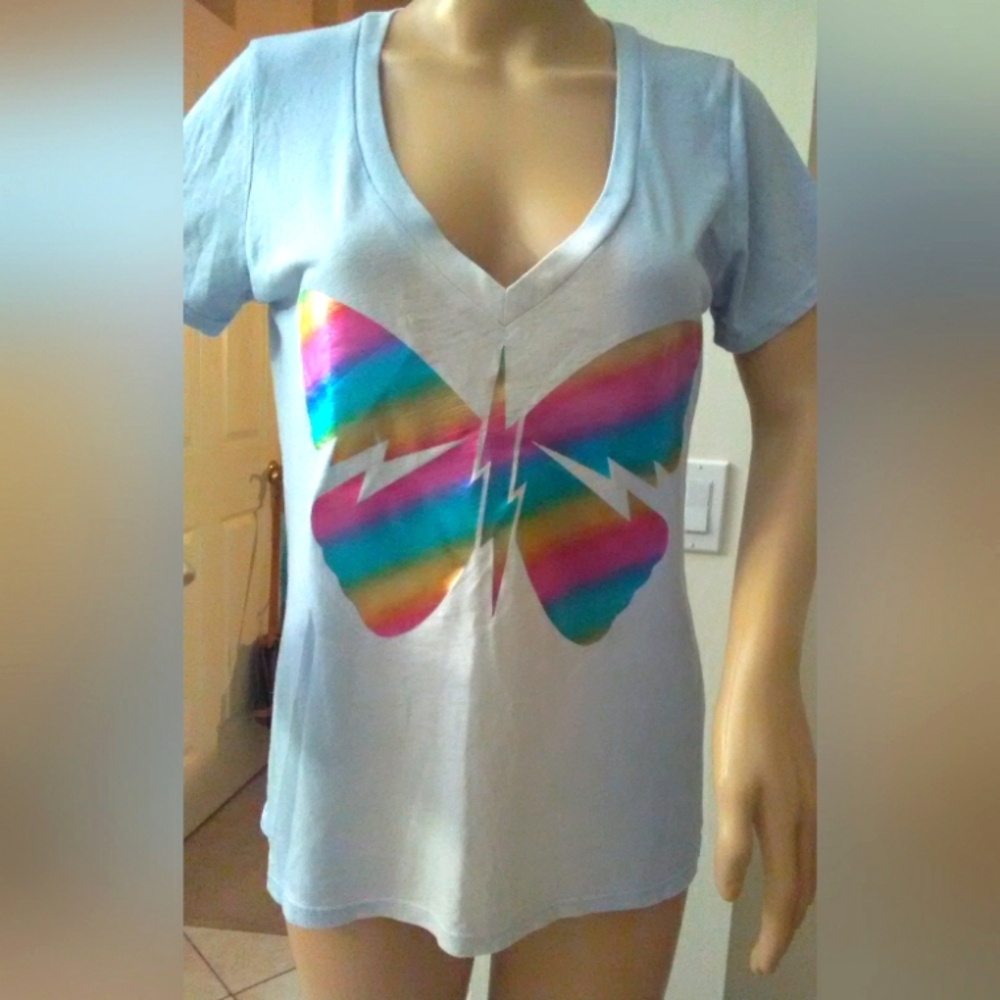 BNWT Lauren Moshi OMBRE T-SHIRT SZ. SM METALLIC BUTTERFLY SOFT BLUE/ WHITE